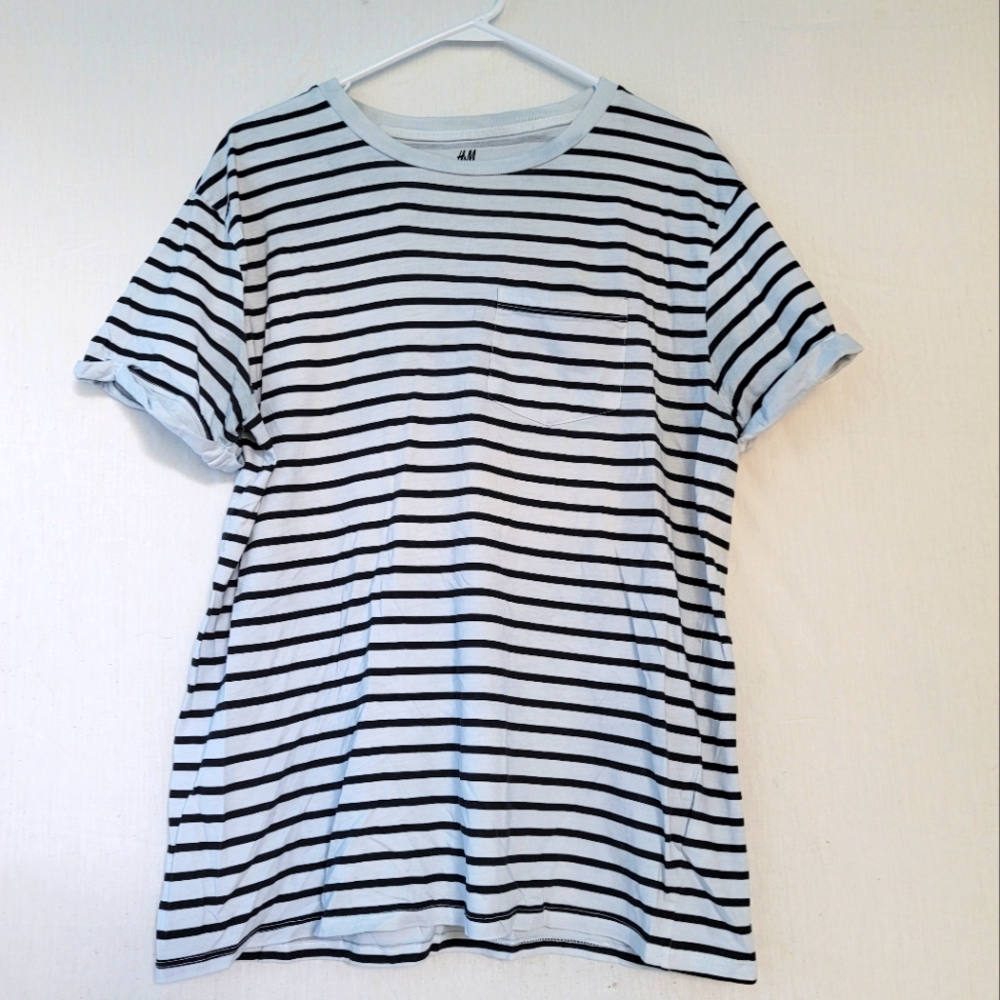 H&M Light Blue and Black Striped Short Sleeve Tee